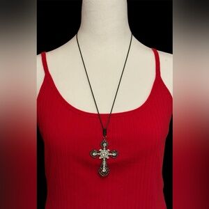 Gothic Cross Pendant Necklace Adjustable Black String Rope Victorian Retro Style